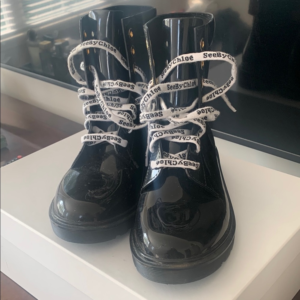 See By Chloe Black Combat Boots with Leather Upper